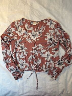 Roxy Rust Pink Floral V-Neck Tie-Hem Blouse Size 6